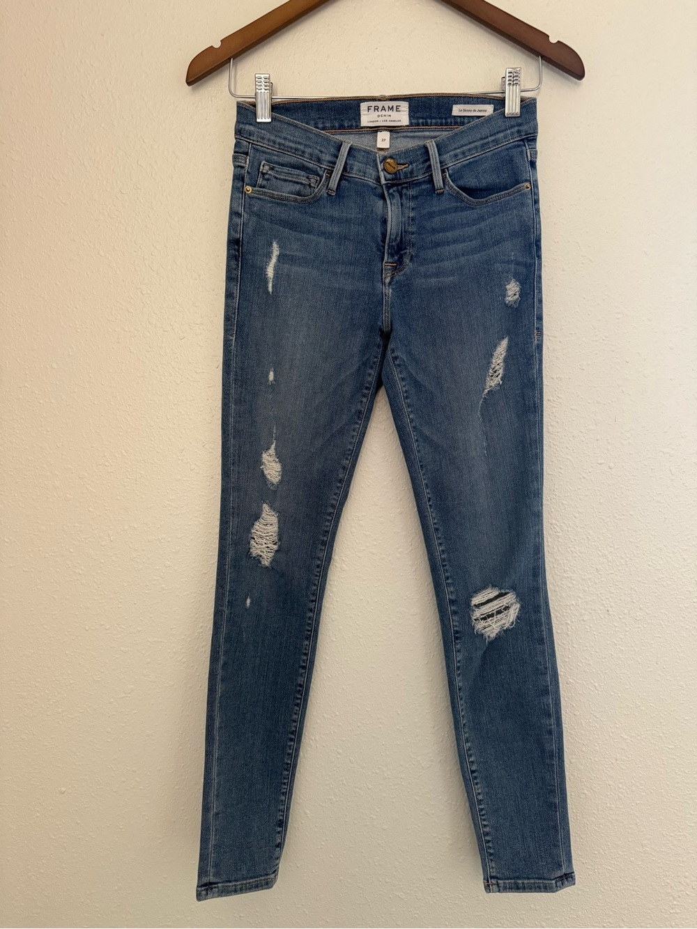 FRAME Le Skinny de Jeanne Low Rise Distressed Jeans Size 27 Blue